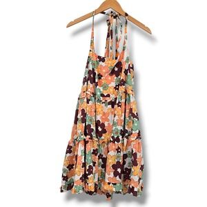 Entre Womens Retro 70s Floral Halter Tiered Mini Dress Multicolor Size Large